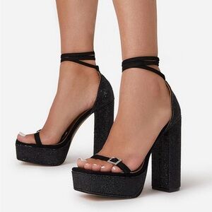 Black rhinestone block heel with lace-up ties